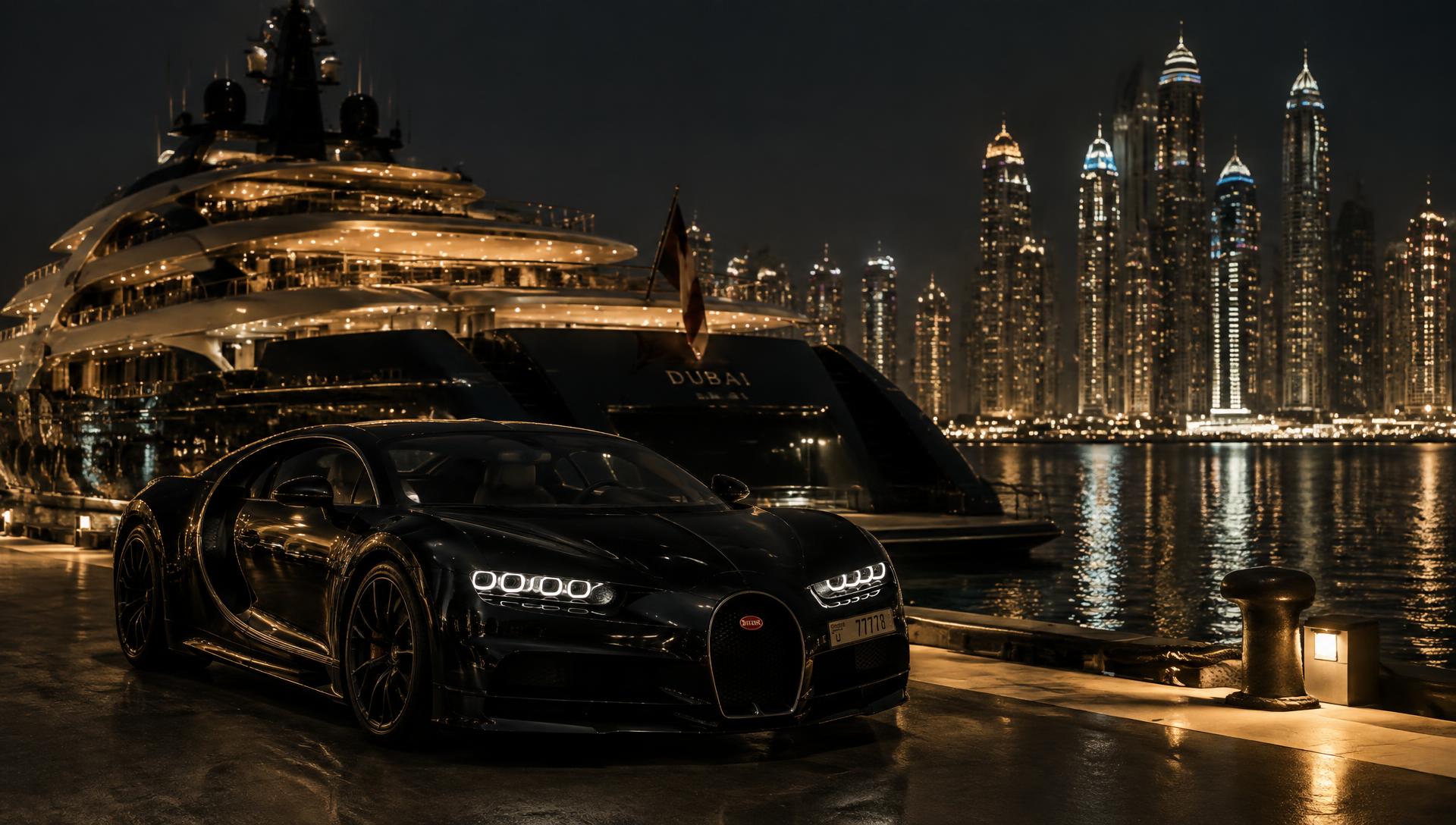 Hypercar on the quay beside a superyacht in Dubai Marina at night